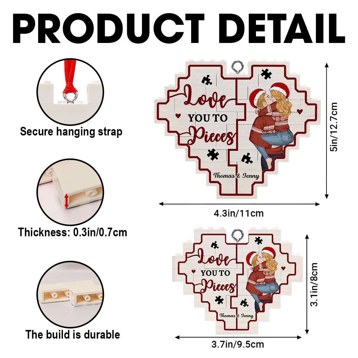Love You To Pieces - Personalized Custom 3D Effect Heart Puzzle Ornament - Image 6
