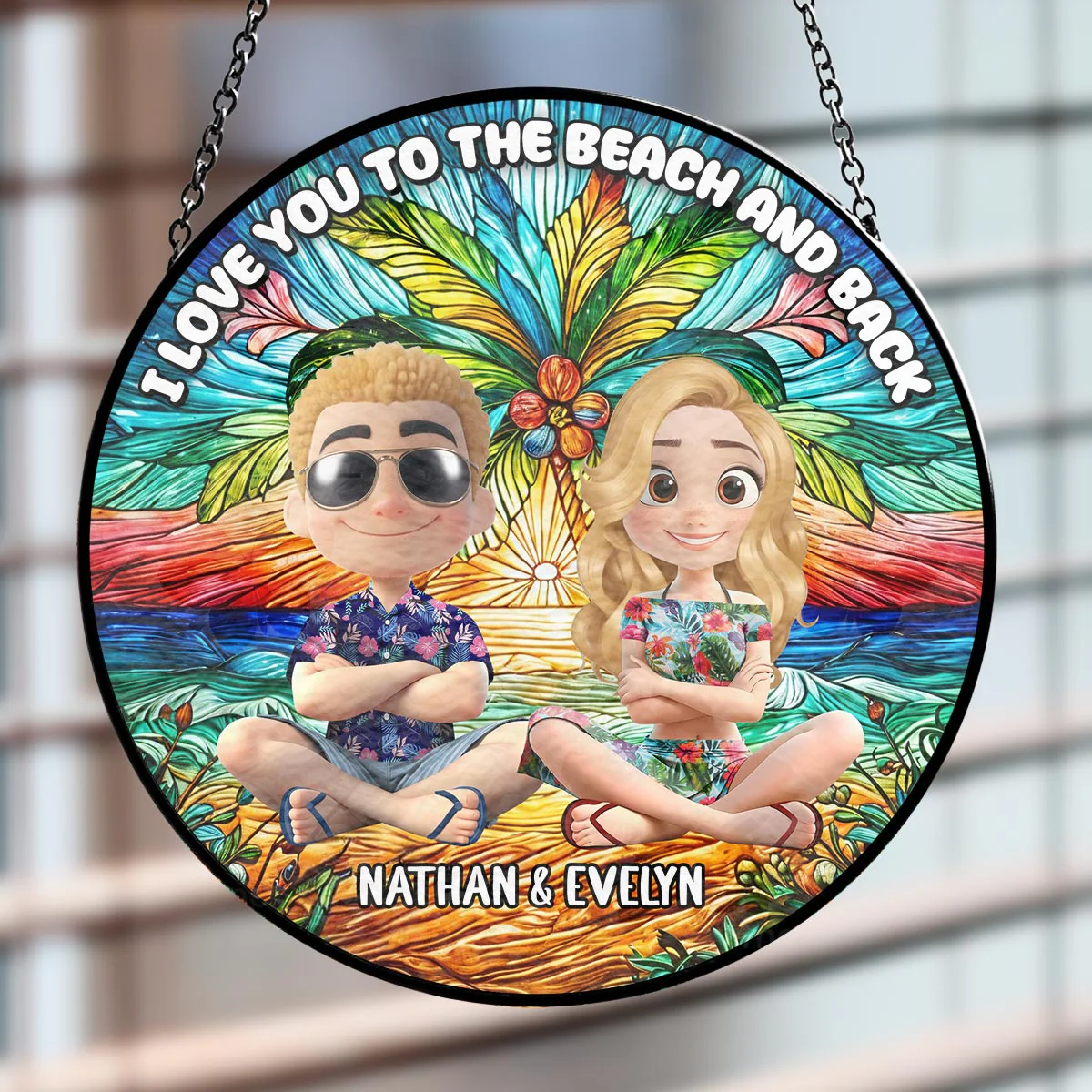 Love You To The Moon And Back Cartoonize - Personalized Custom Stained Glass Window Hanging Suncatcher - Image 2