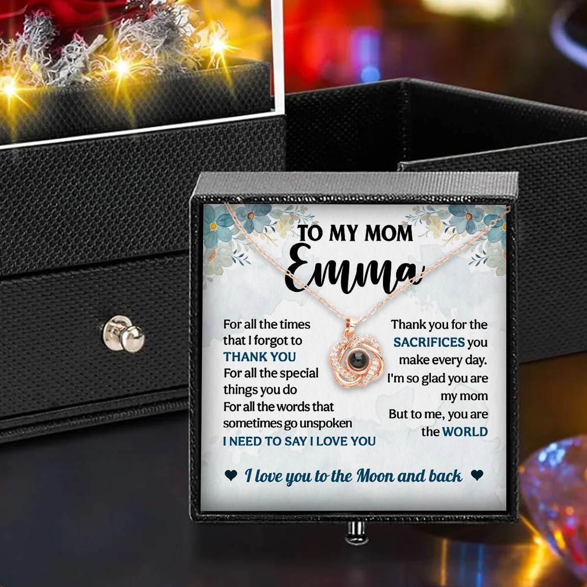 Love You To The Moon And Back - Personalized Custom Preserved Rose With Projection Necklace - Image 4