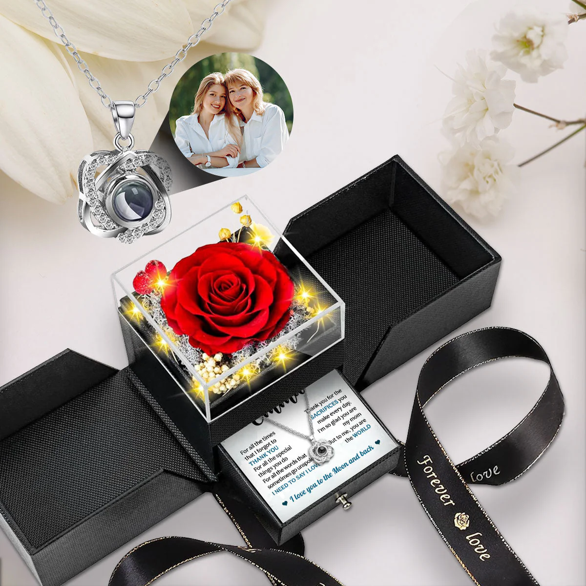 Love You To The Moon And Back - Personalized Custom Preserved Rose With Projection Necklace - Image 5