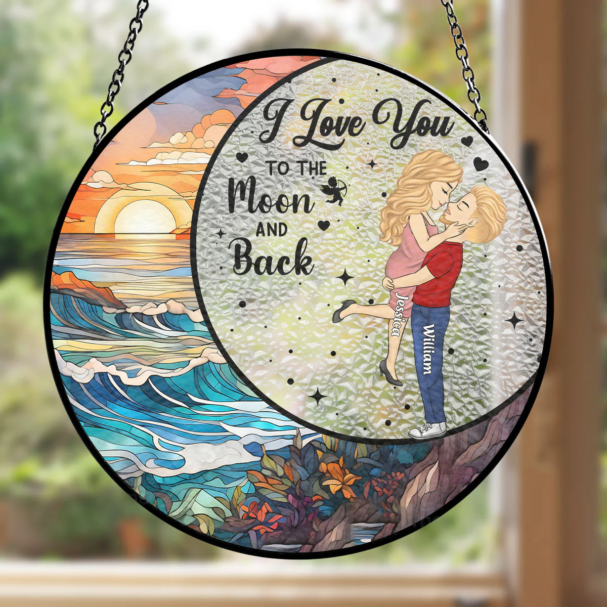 Love You To The Moon And Back - Personalized Custom Stained Glass Window Hanging Suncatcher - Image 2