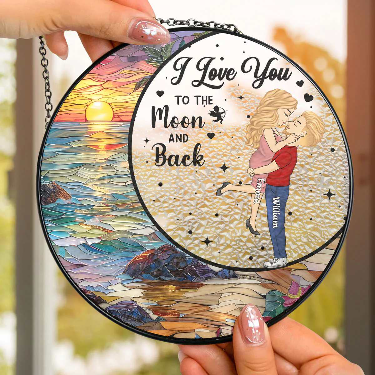 Love You To The Moon And Back - Personalized Custom Stained Glass Window Hanging Suncatcher - Image 3