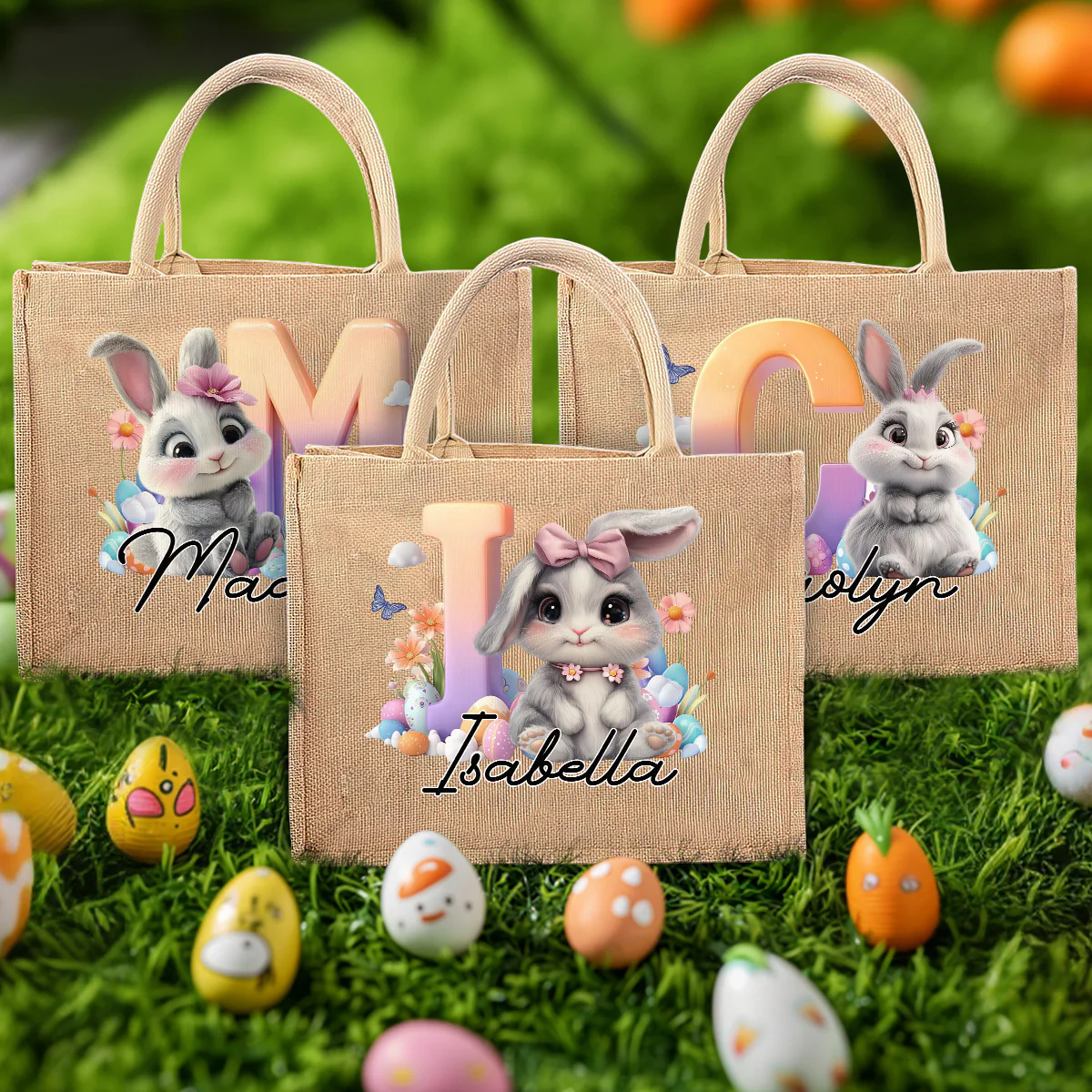 Lovely Bunnies - Personalized Custom Jute Tote Bag - Image 2