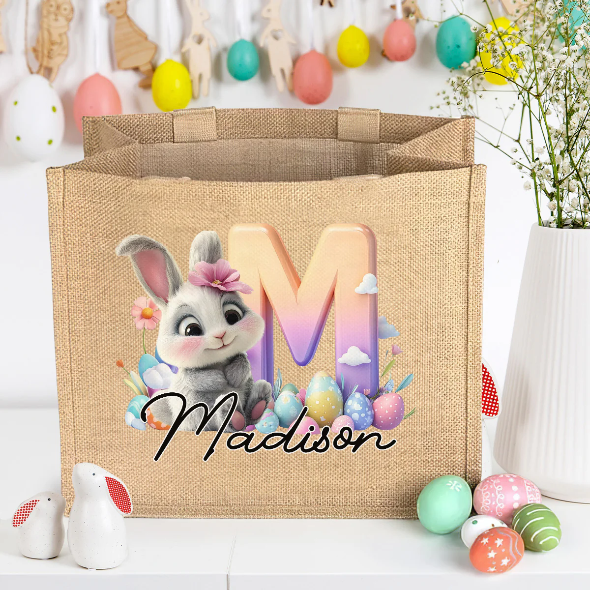 Lovely Bunnies - Personalized Custom Jute Tote Bag - Image 3