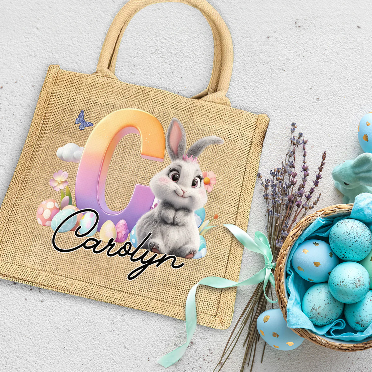 Lovely Bunnies - Personalized Custom Jute Tote Bag - Image 4