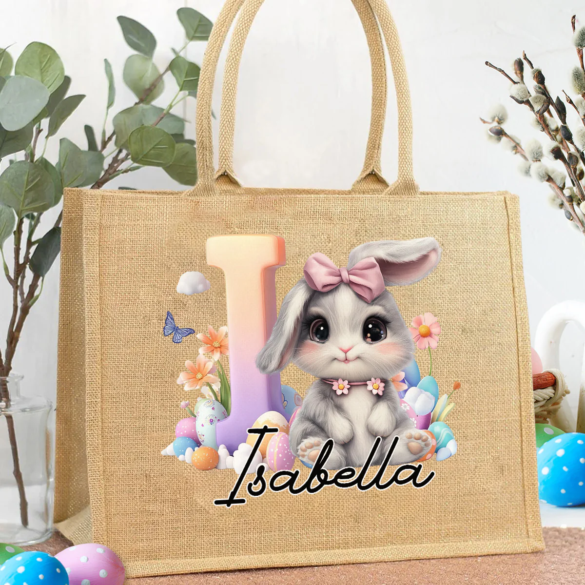 Lovely Bunnies - Personalized Custom Jute Tote Bag - Image 5