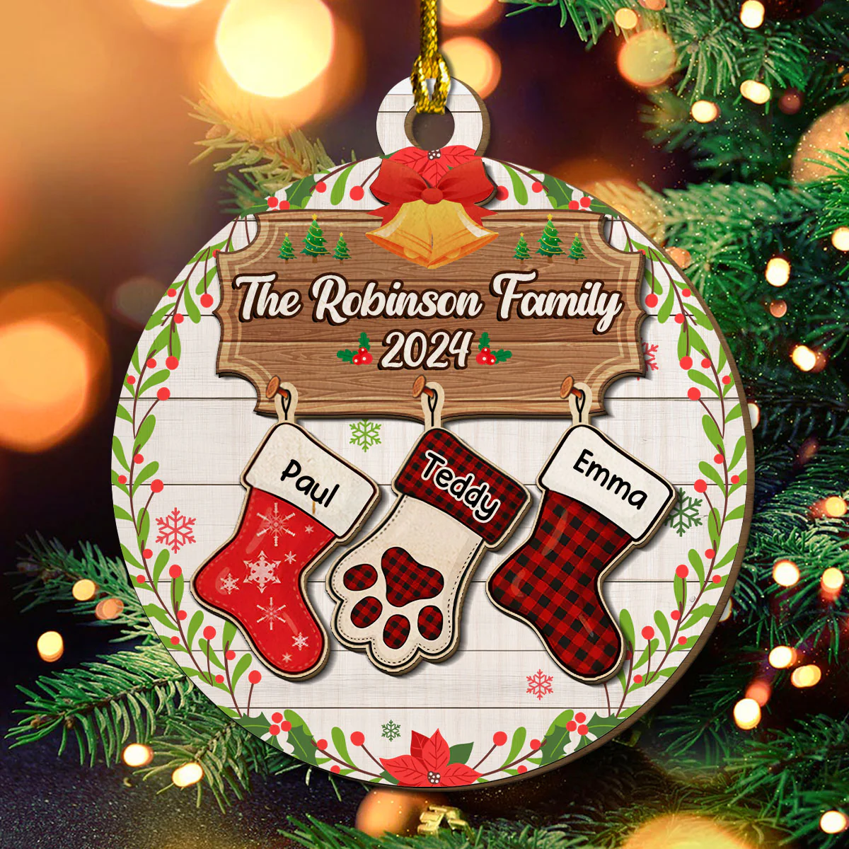 Lovely Family With Pet - Personalized Custom Freeshape 2-Layered Wood Ornament - Image 2
