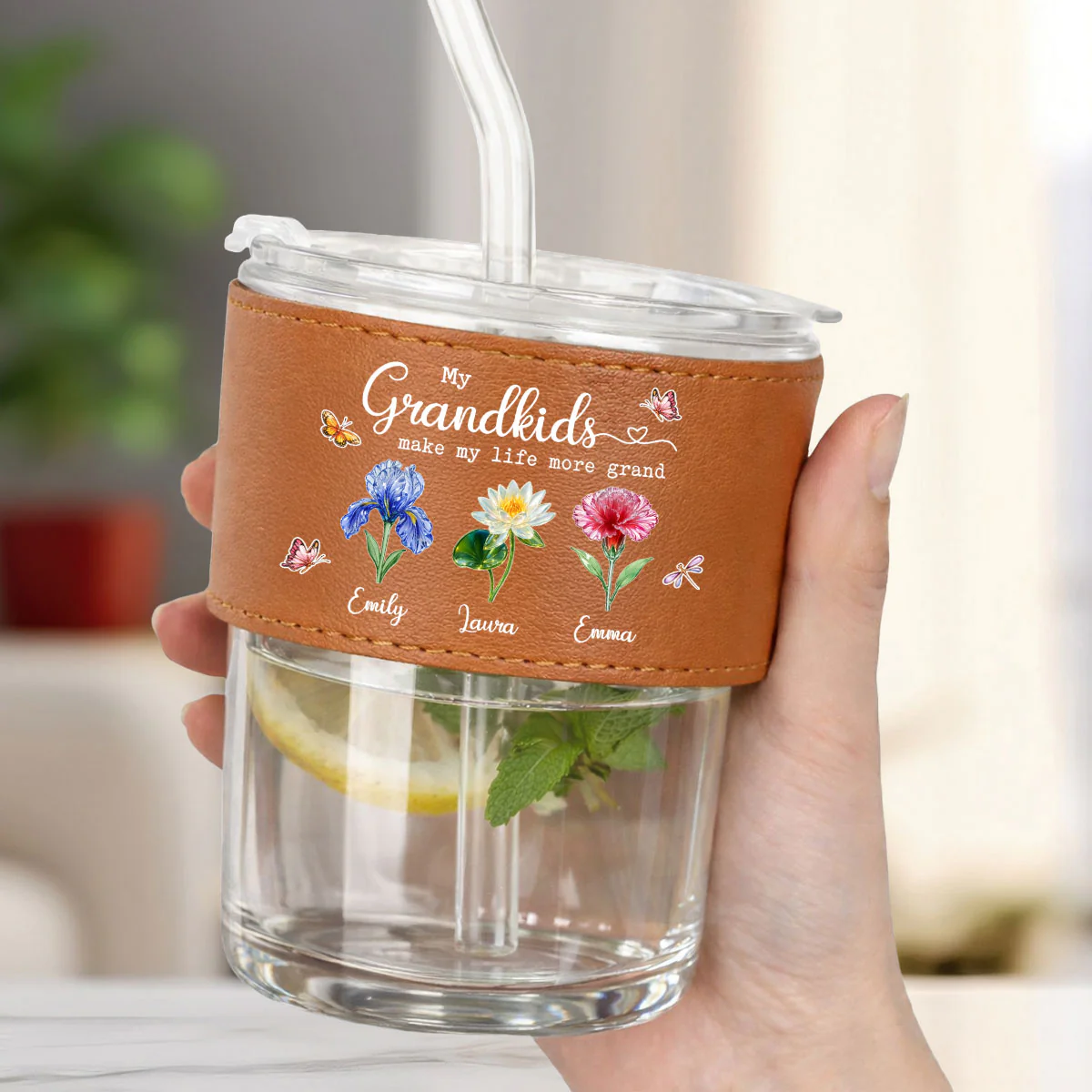 Make Life More Grand With Lovely Kids - Personalized Custom Leather Glass Cup