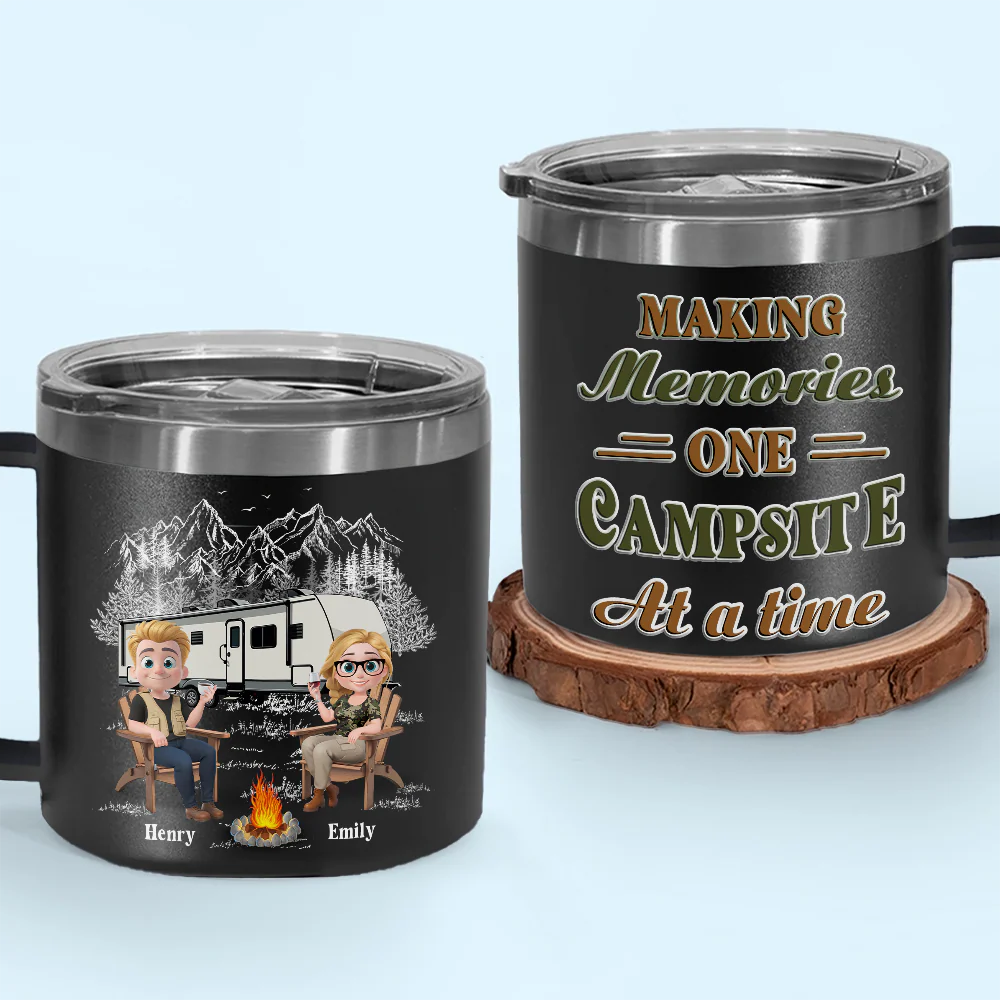Memories At Campsite - Personalized Custom 14oz Stainless Steel Tumbler With Handle - Image 2