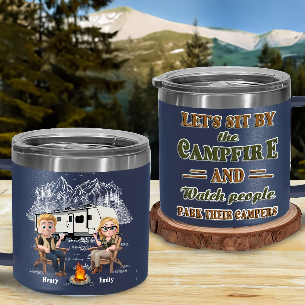 Memories At Campsite - Personalized Custom 14oz Stainless Steel Tumbler With Handle - Image 4