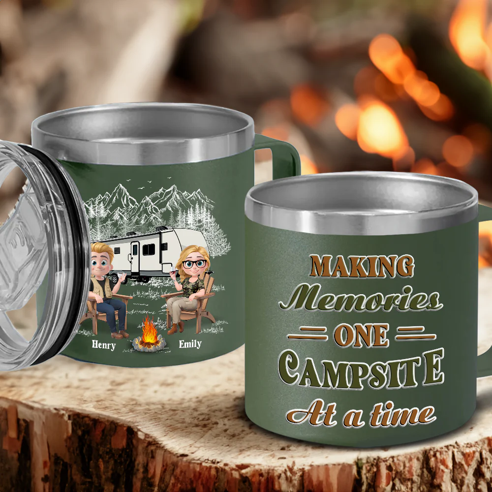 Memories At Campsite - Personalized Custom 14oz Stainless Steel Tumbler With Handle - Image 5