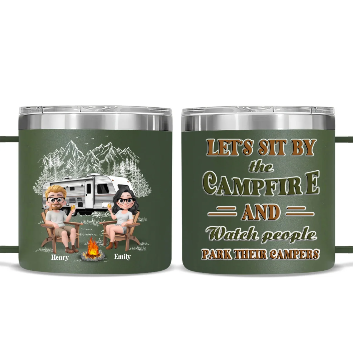 Memories At Campsite - Personalized Custom 14oz Stainless Steel Tumbler With Handle - Image 9