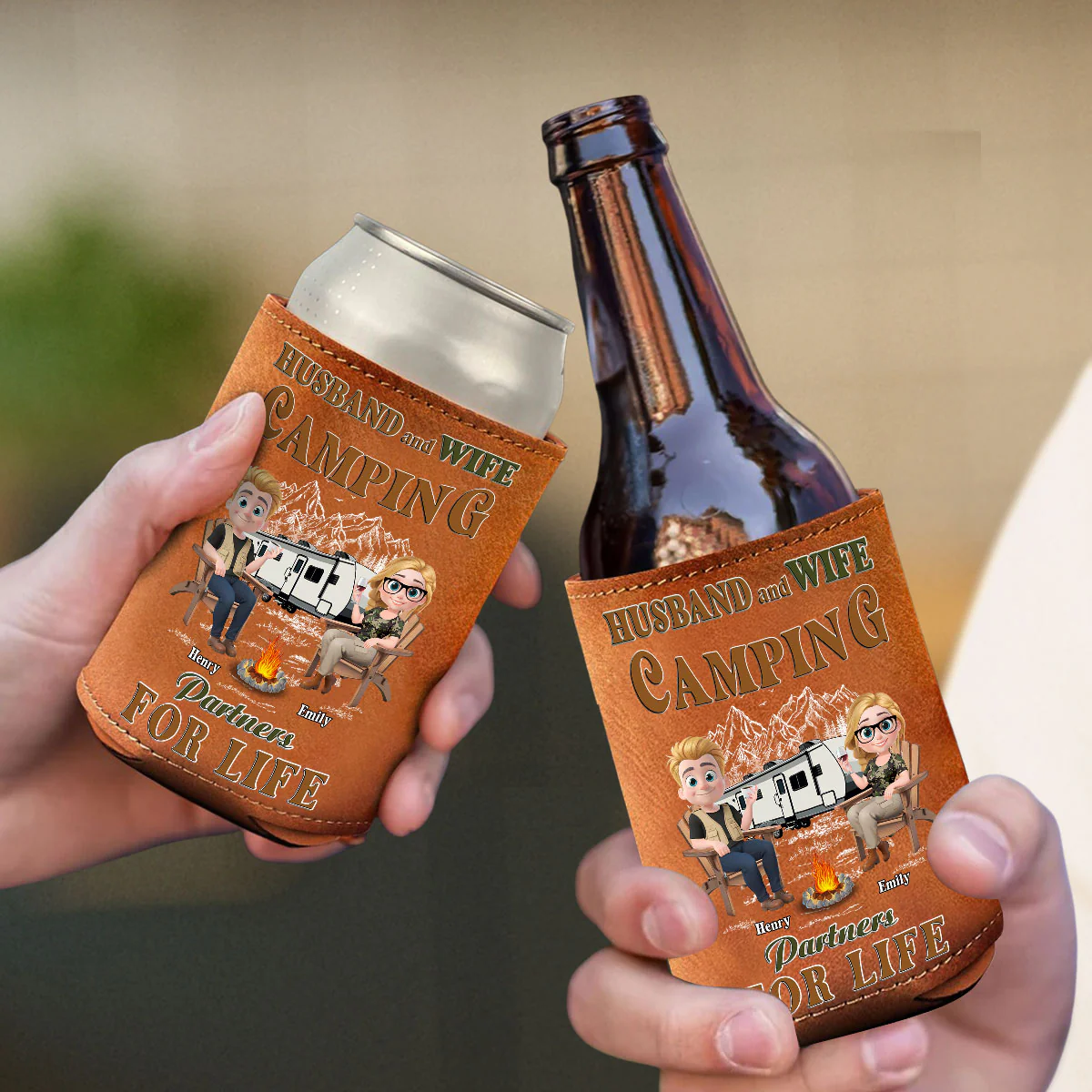 Memories At Campsite - Personalized Custom Leather Can Cooler Holder - Image 4