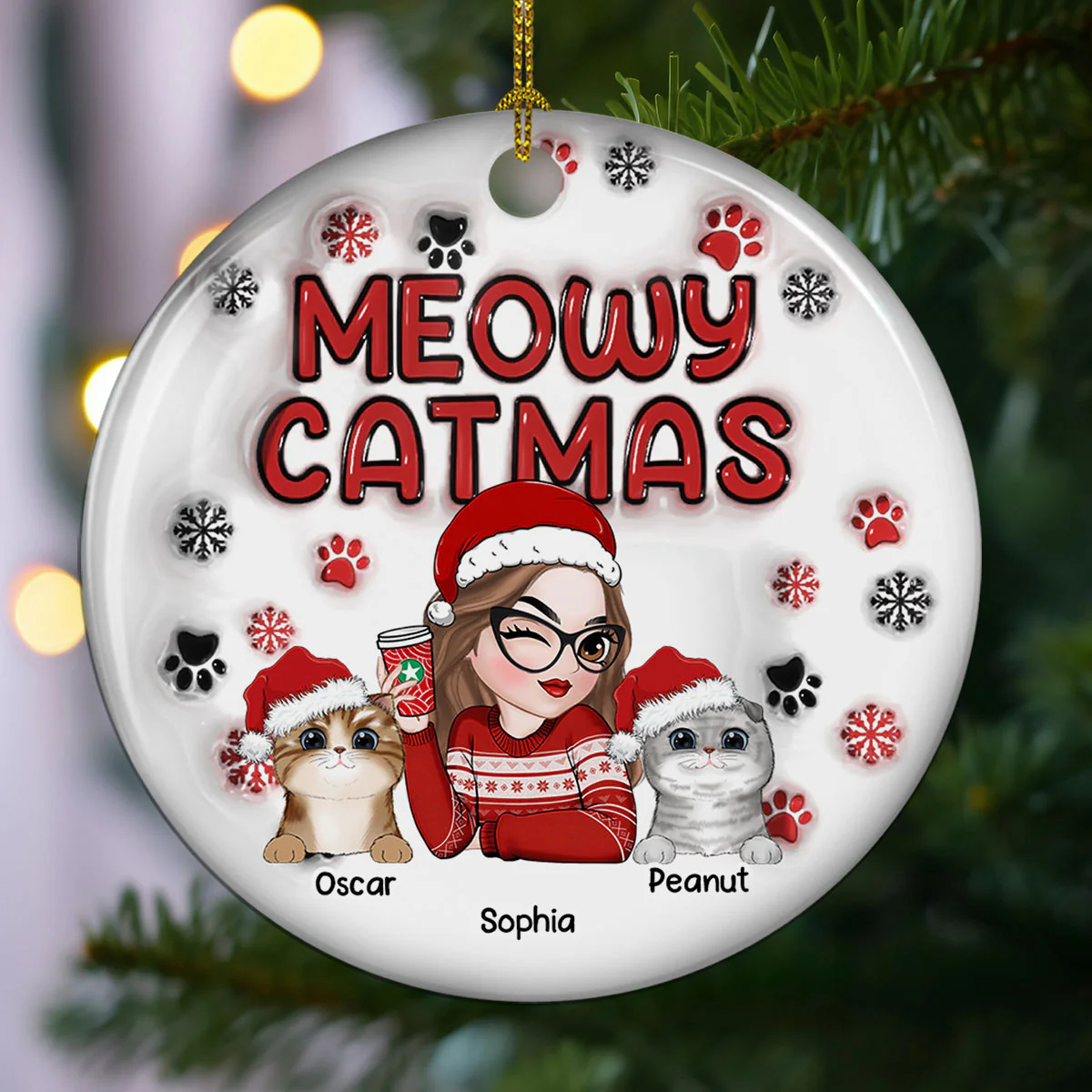 Meowy Catmas Cat Mom - Personalized Custom 3D Inflated Effect Ceramic Ornament - Image 3