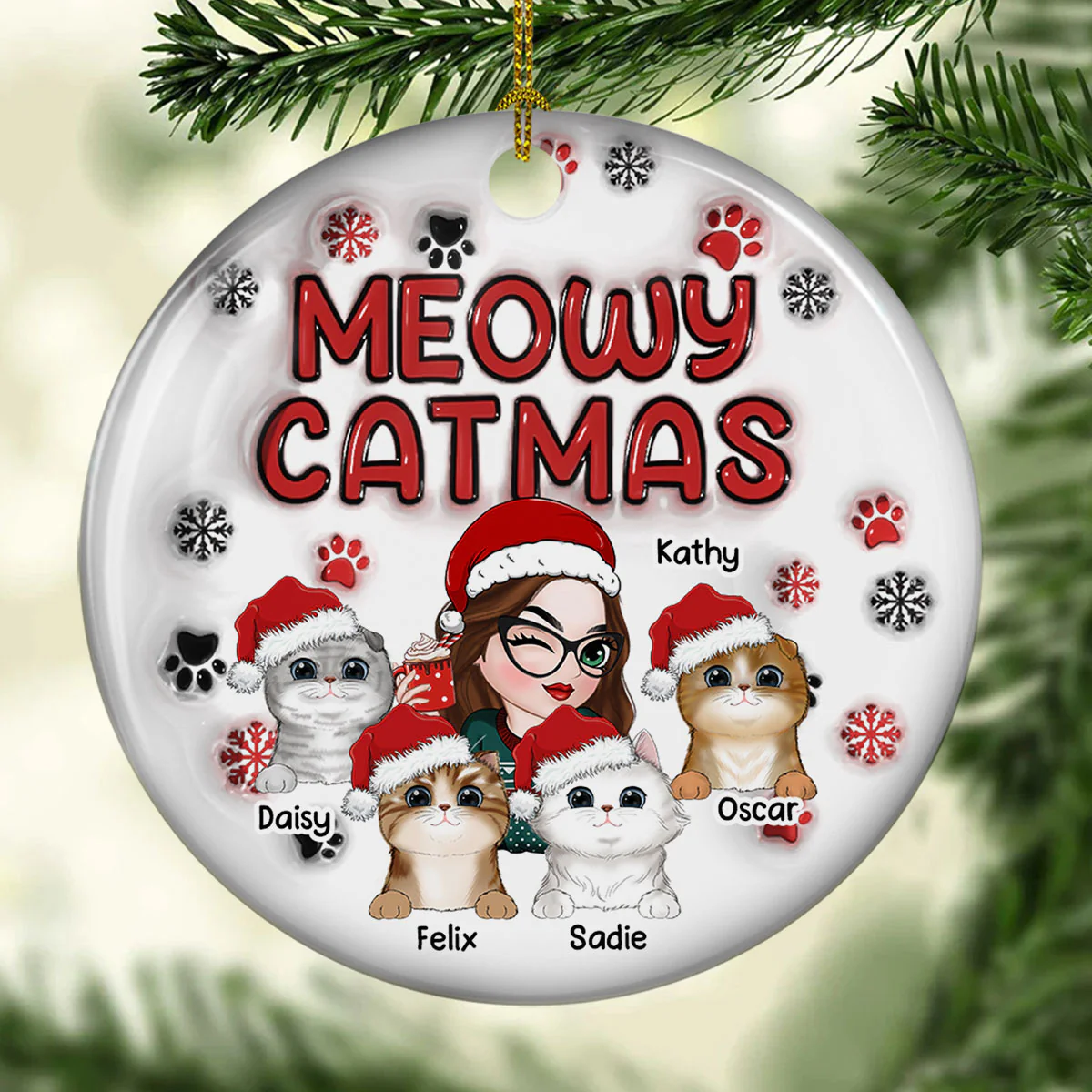 Meowy Catmas Cat Mom - Personalized Custom 3D Inflated Effect Ceramic Ornament - Image 5