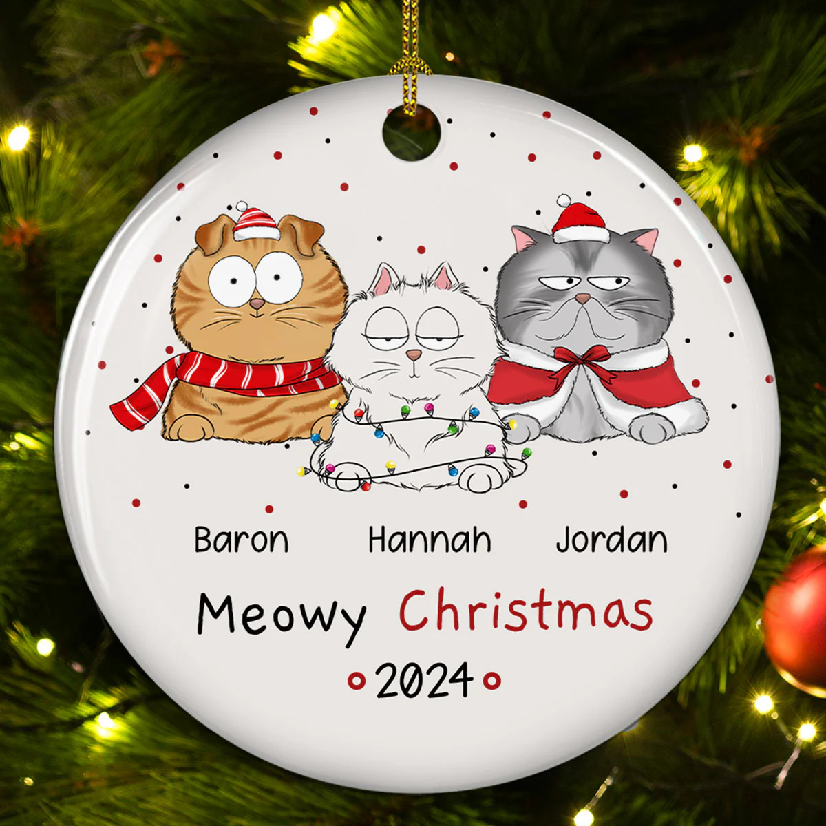 Meowy Christmas - Personalized Custom Circle Ceramic Ornament - Image 4