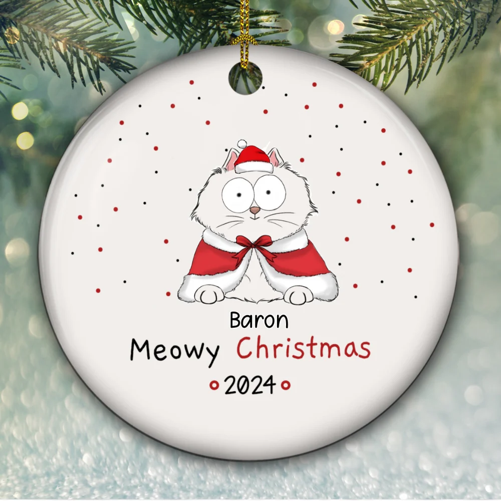 Meowy Christmas - Personalized Custom Circle Ceramic Ornament - Image 5