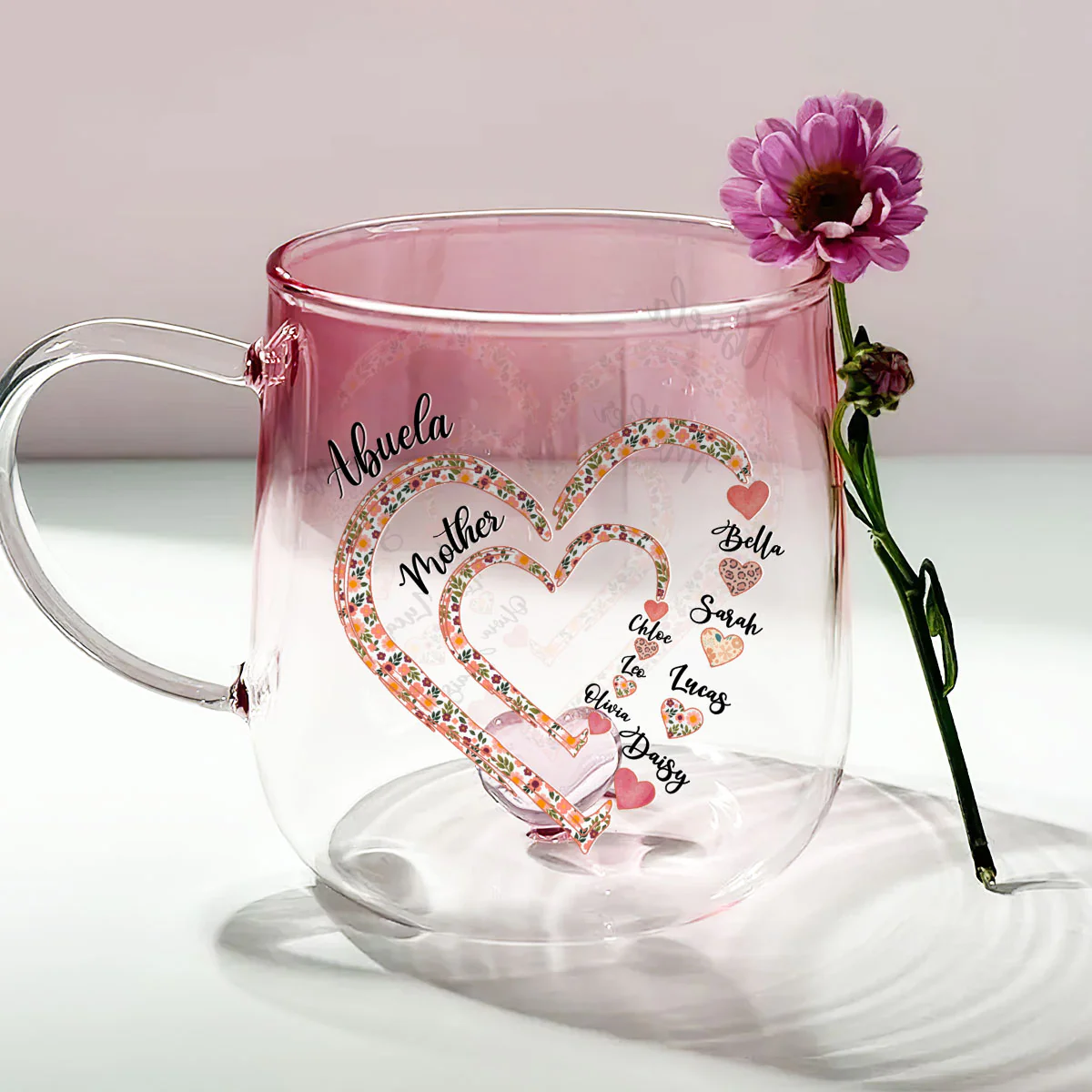 Mimi Heart - Personalized Custom Pink Gradient Glass Mug - Image 3
