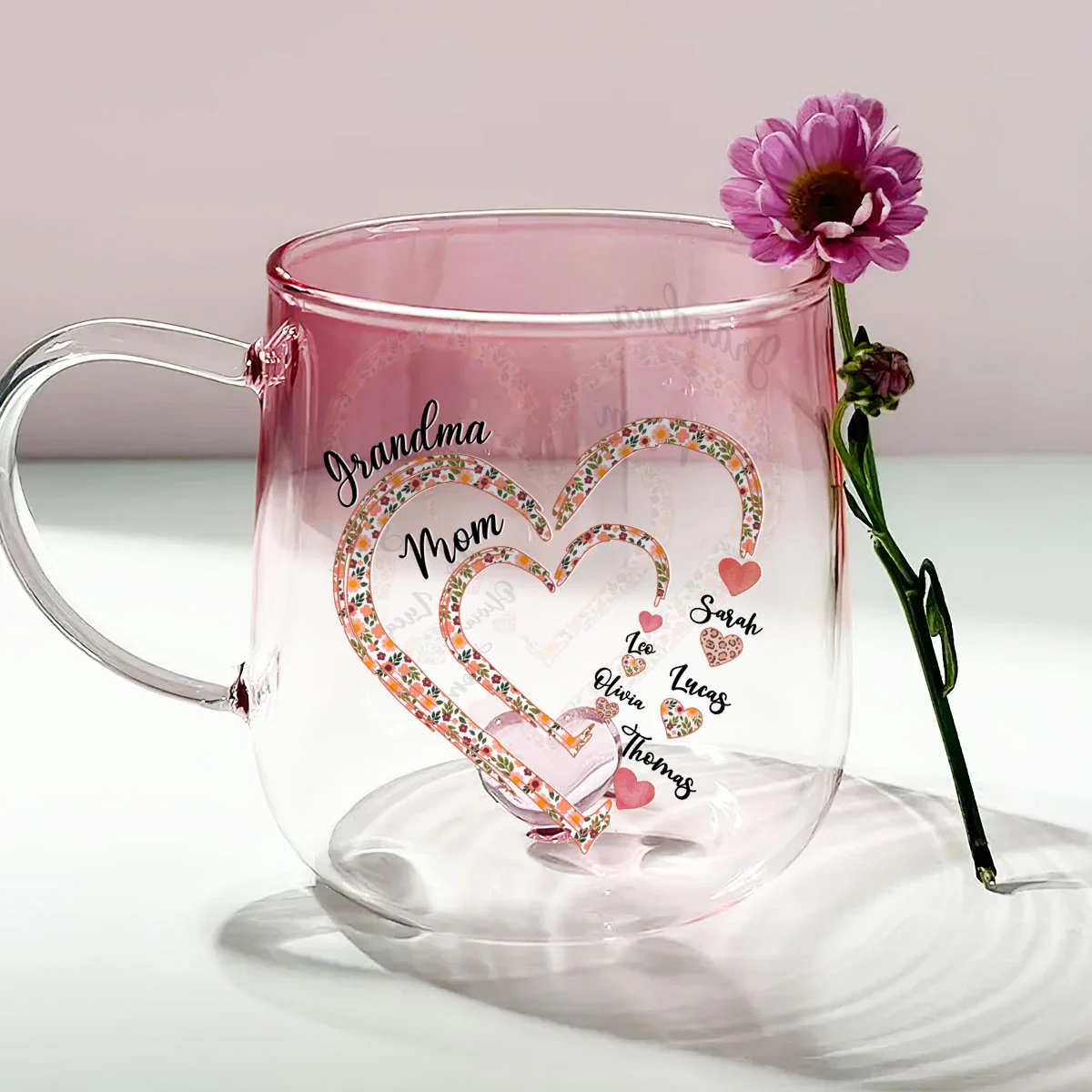 Mimi Heart - Personalized Custom Pink Gradient Glass Mug - Image 5