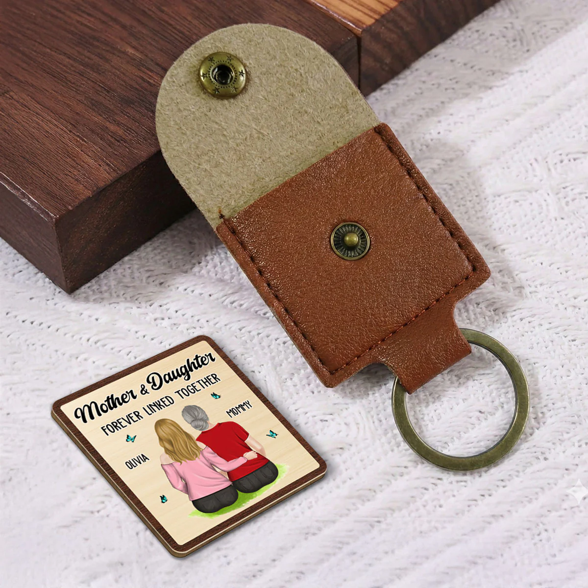 Mom And Children Forever Linked Together - Personalized Custom Wooden Pocket Hug - Image 2
