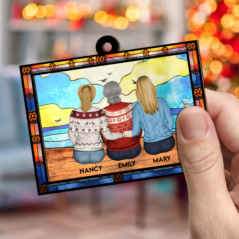 Mom And Children Sitting On The Beach - Personalized Custom Suncatcher Ornament - Image 3