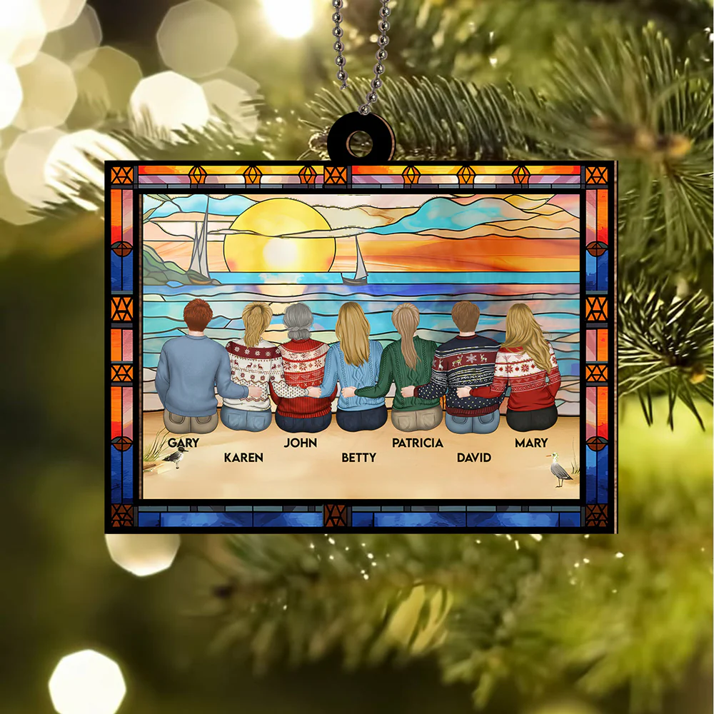 Mom And Children Sitting On The Beach - Personalized Custom Suncatcher Ornament - Image 4