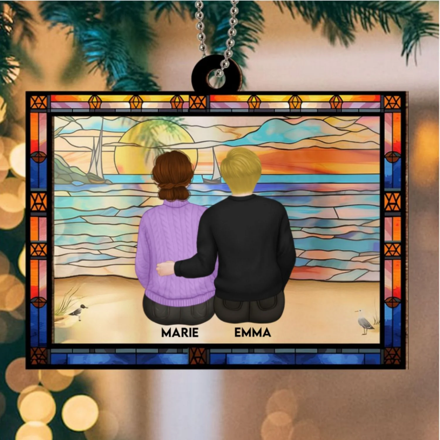 Mom And Children Sitting On The Beach - Personalized Custom Suncatcher Ornament - Image 6