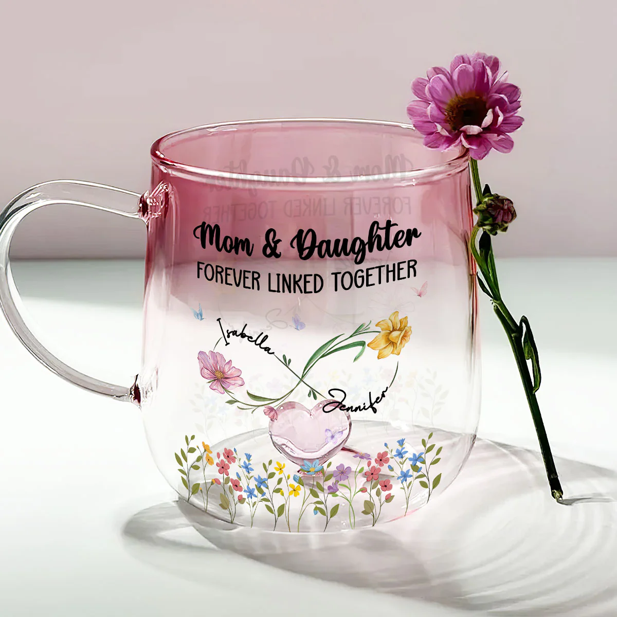 Mom And Daughter Forever Linked - Personalized Custom Pink Gradient Glass Mug - Image 2