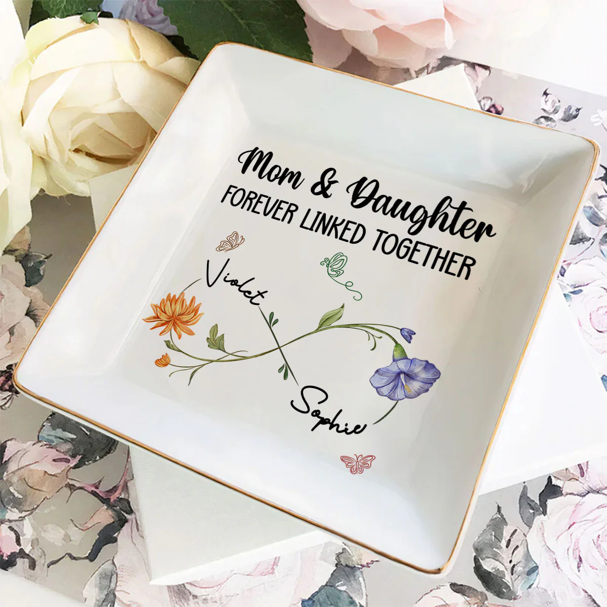 Mom And Daughter Forever Linked Together Birthmonth Flower - Personalized Custom Jewelry Dish - Image 2