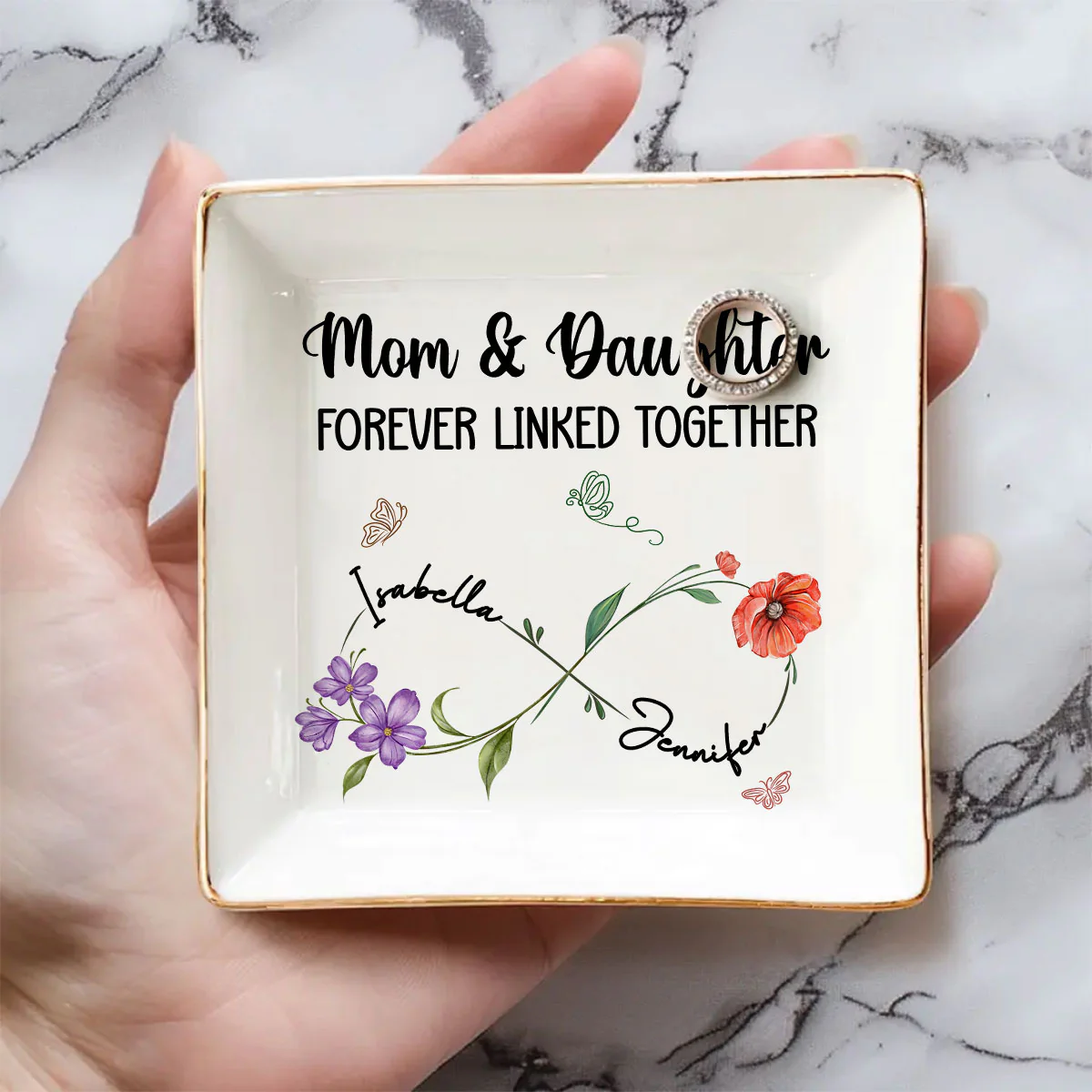 Mom And Daughter Forever Linked Together Birthmonth Flower - Personalized Custom Jewelry Dish - Image 3