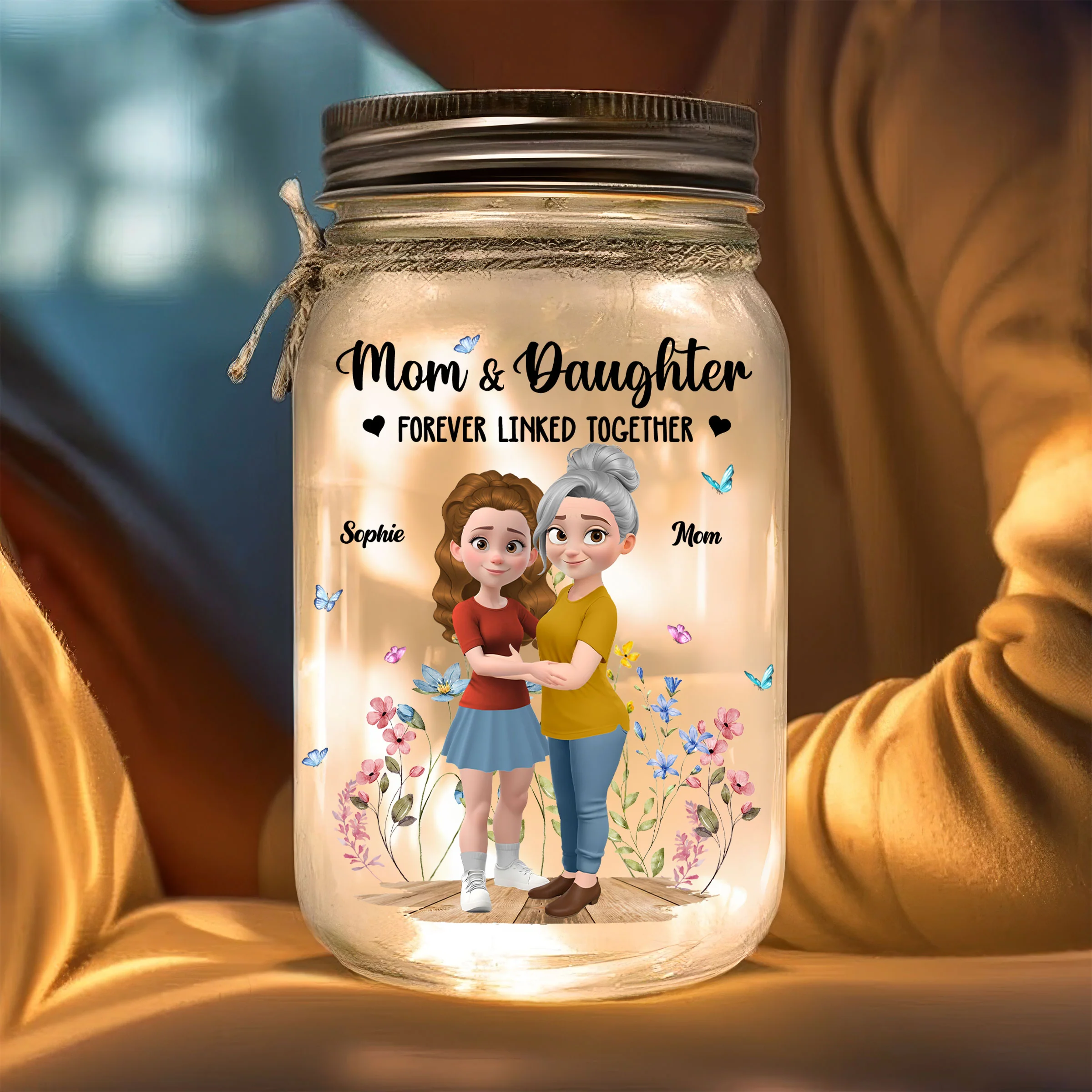 Mom And Daughter Forever Linked Together - Personalized Custom Mason Jar Light - Image 3