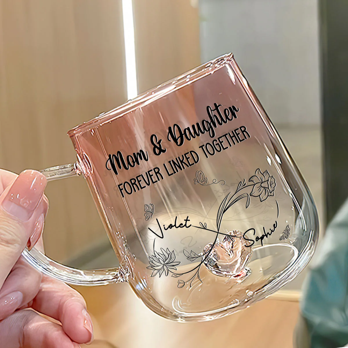 Mom And Daughter Forever Linked Together - Personalized Custom Pink Gradient Glass Mug - Image 2