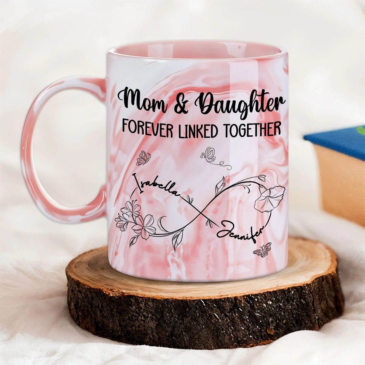 Mom And Daughter Forever Linked Together - Personalized Custom Pink Marble Mug - Image 3