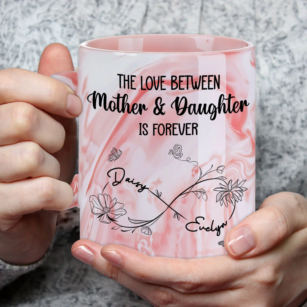 Mom And Daughter Forever Linked Together - Personalized Custom Pink Marble Mug - Image 4