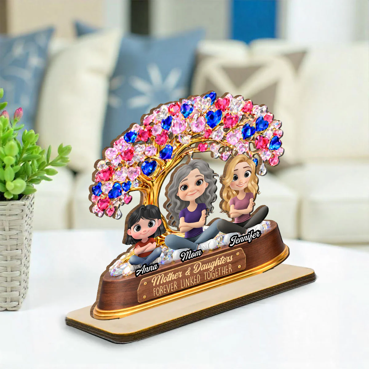 Mom And Daughters Love Tree - Personalized Custom 2-Layer Wood Plaque With Flat Base - Image 3