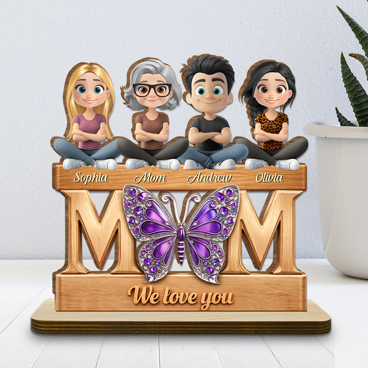 Mom And Her Kids - Personalized Custom 2-Layer Wood Plaque With Flat Base - Image 2