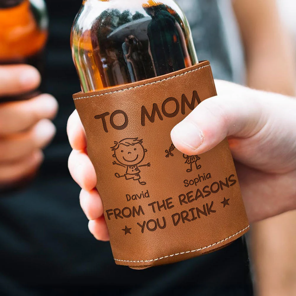 Mom From The Reason You Drink - Personalized Custom Engraved Leather Can Cooler Holder - Image 2