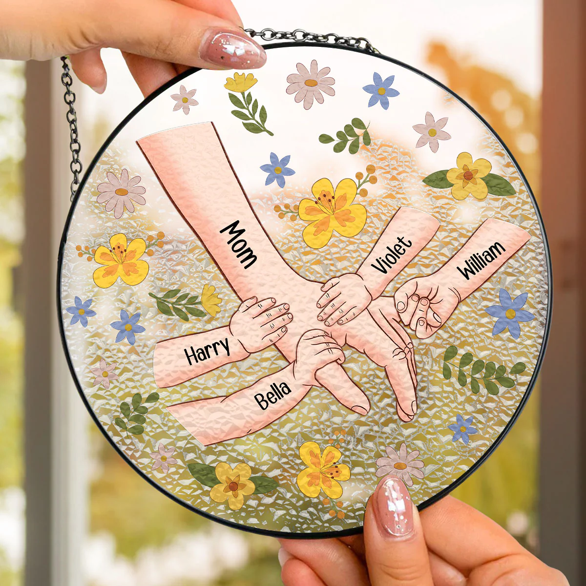 Mom Hold My Hand Also My Heart - Personalized Custom Window Hanging Suncatcher - Image 4