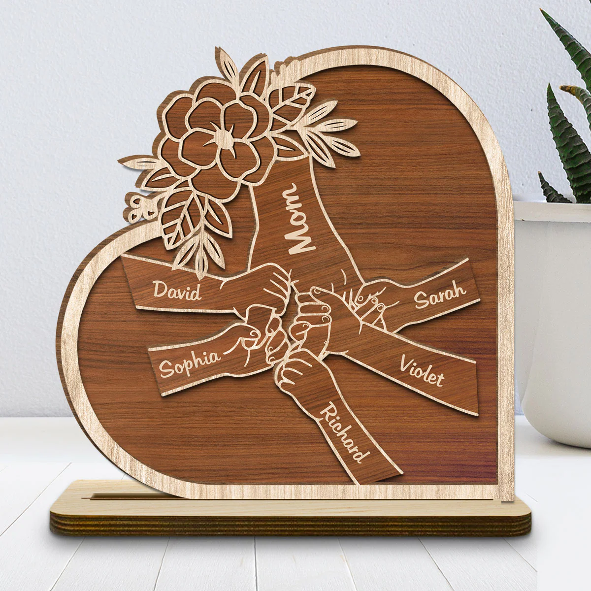 Mom Hold Our Hand And Our Heart - Personalized Custom 2-Layer Wood Plaque With Flat Base - Image 2