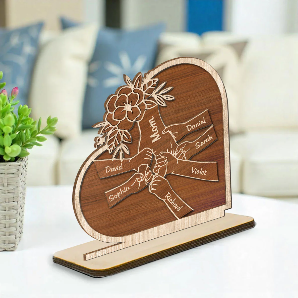 Mom Hold Our Hand And Our Heart - Personalized Custom 2-Layer Wood Plaque With Flat Base - Image 3