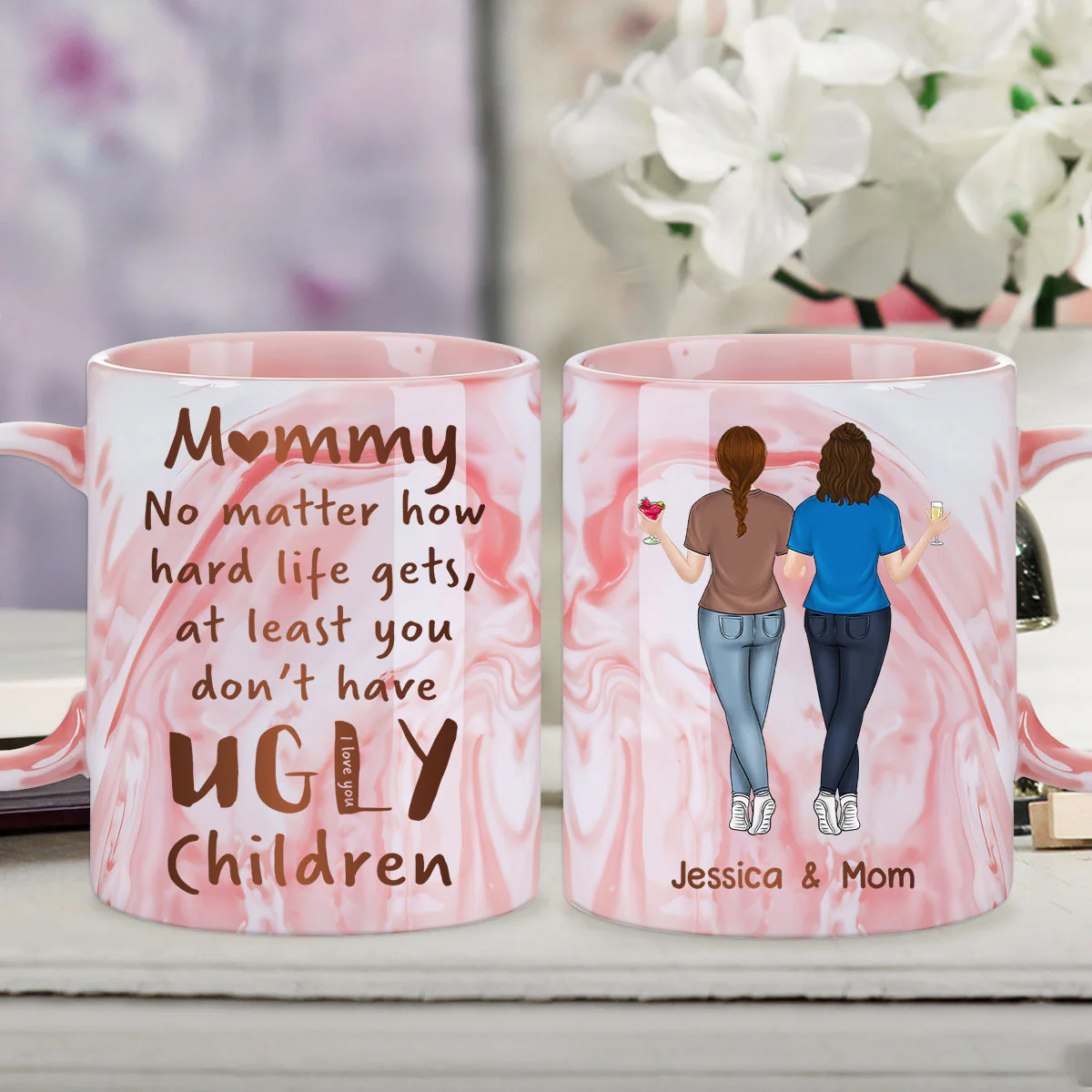 Mom Life Funny - Personalized Custom Pink Marble Mug - Image 3