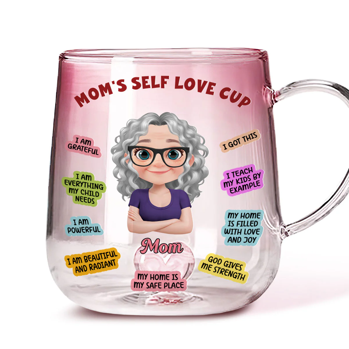 Mom Self Love Cup Version 2 - Personalized Custom Pink Gradient Glass Mug