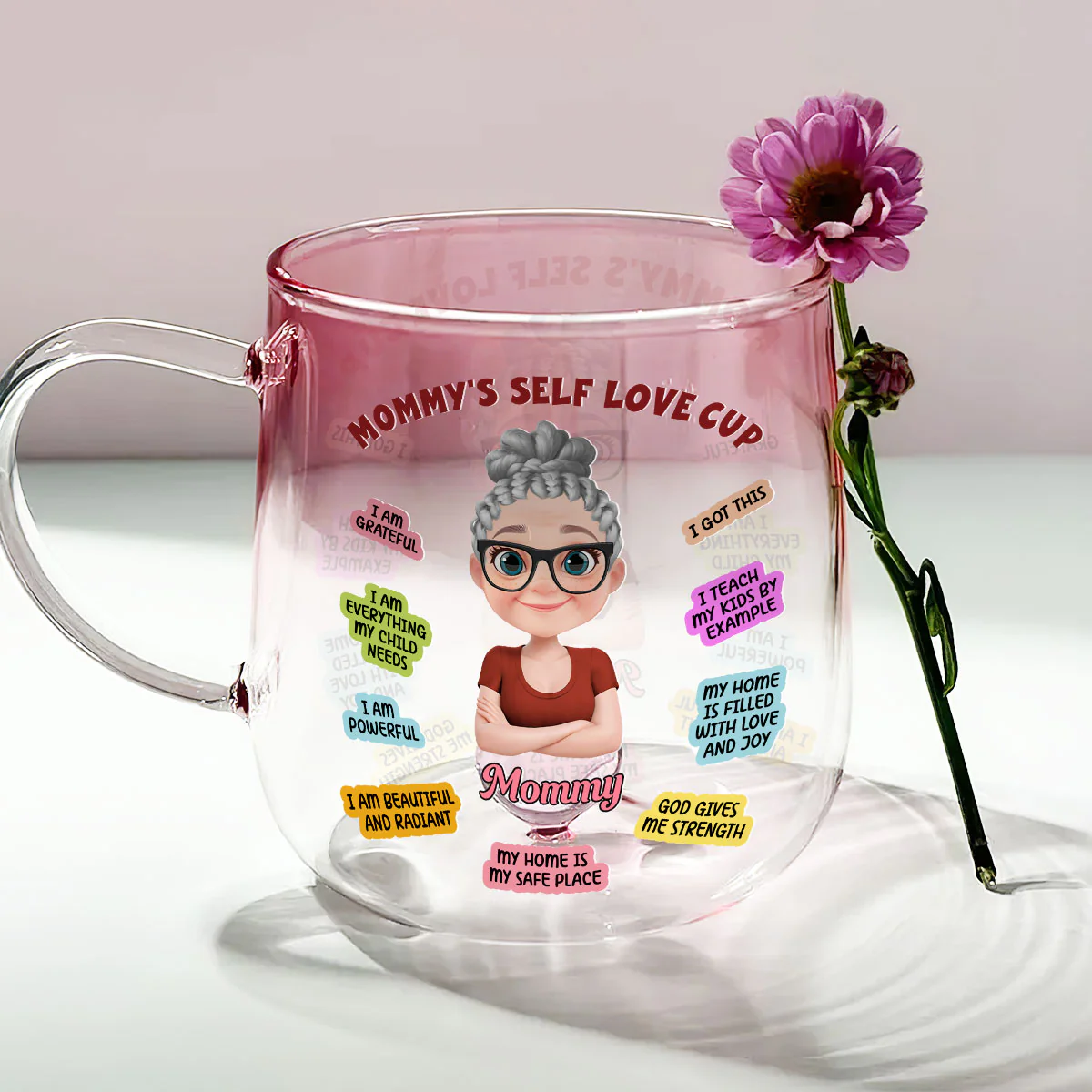 Mom Self Love Cup Version 2 - Personalized Custom Pink Gradient Glass Mug - Image 2