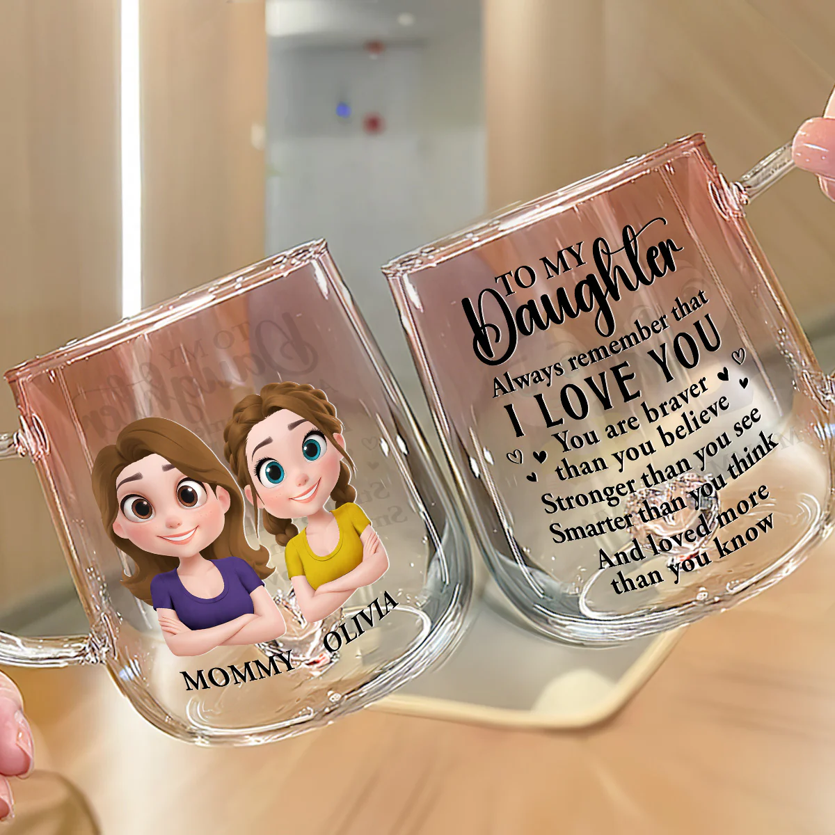 Mom To Daughter Braver Stronger - Personalized Custom Pink Gradient Glass Mug - Image 3