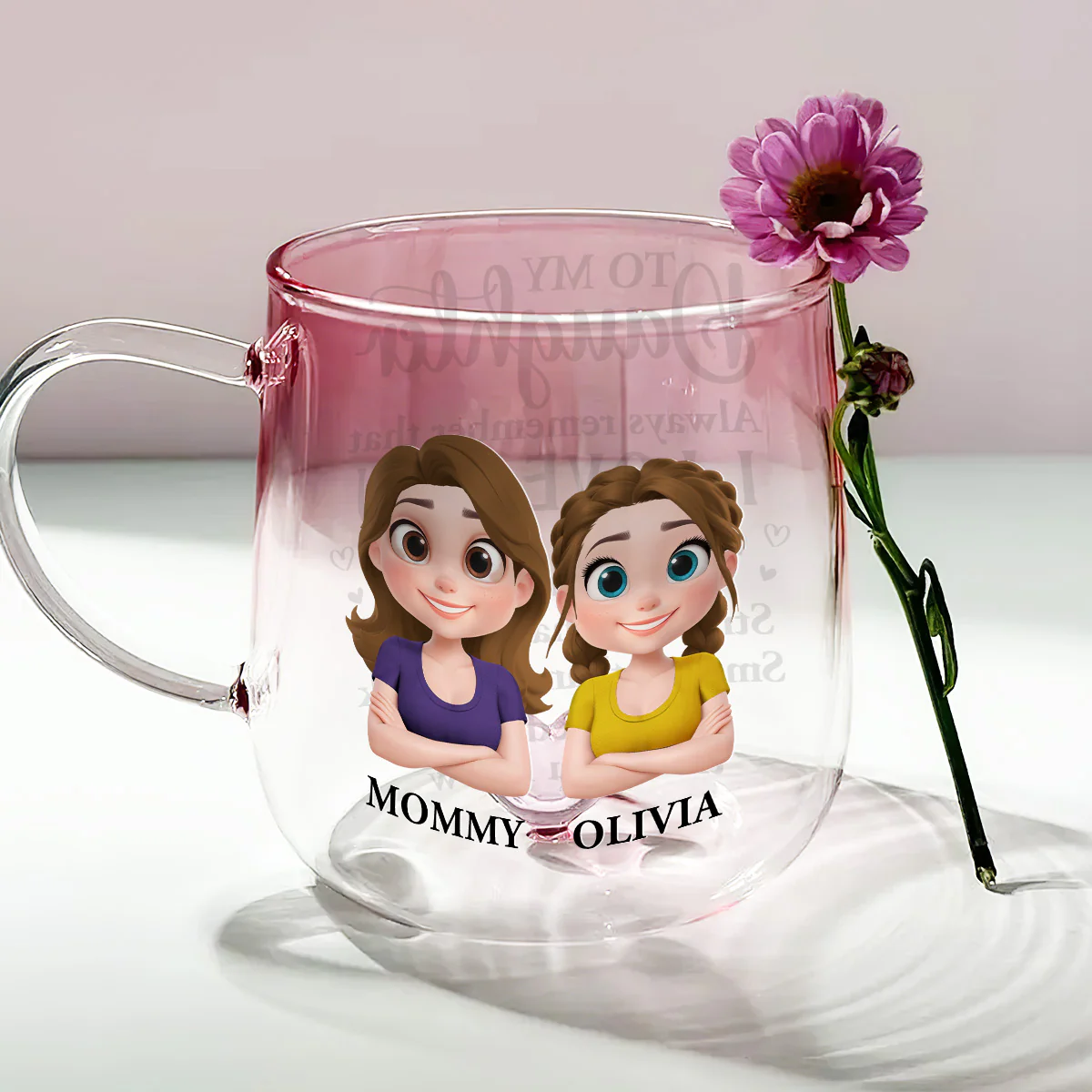 Mom To Daughter Braver Stronger - Personalized Custom Pink Gradient Glass Mug - Image 4