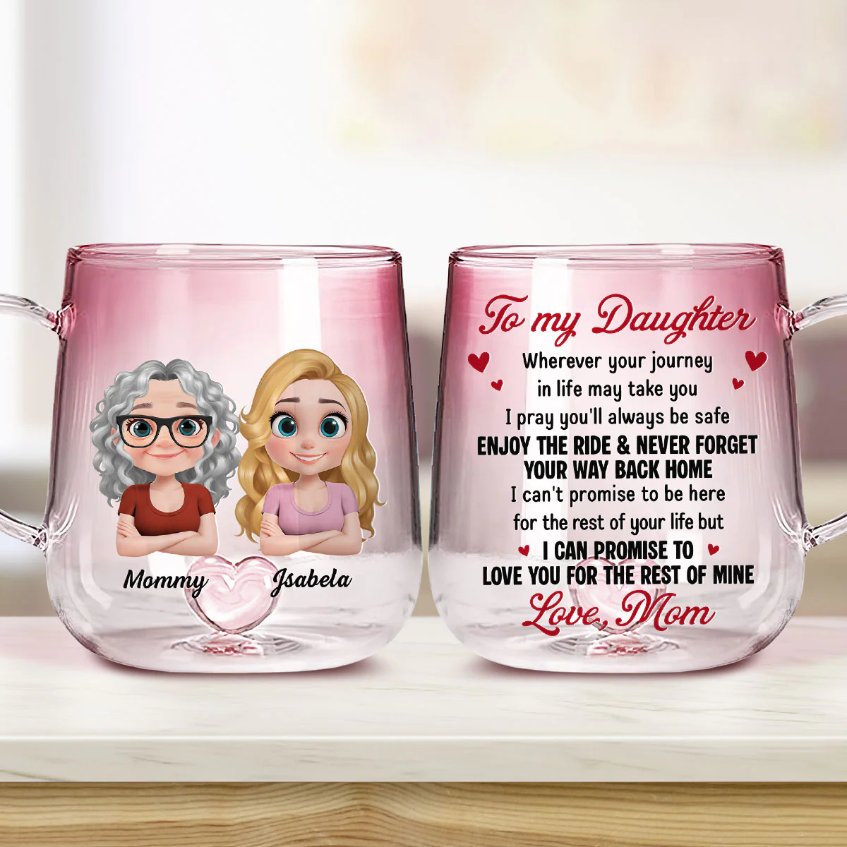 Mom To Daughter Enjoy The Ride - Personalized Custom Pink Gradient Glass Mug - Image 2