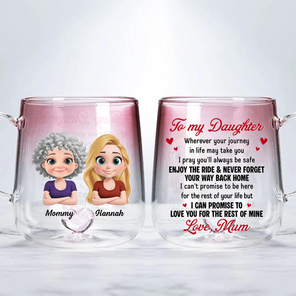 Mom To Daughter Enjoy The Ride - Personalized Custom Pink Gradient Glass Mug - Image 3