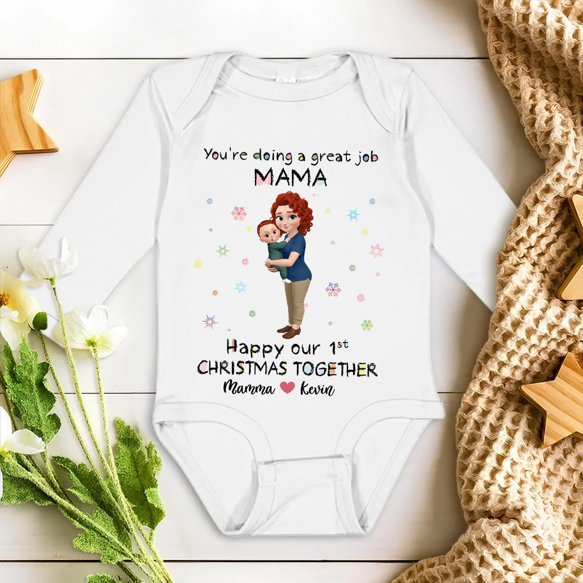 Mommy And Baby 1st Christmas - Personalized Custom Long Sleeve Baby Onesie - Image 3