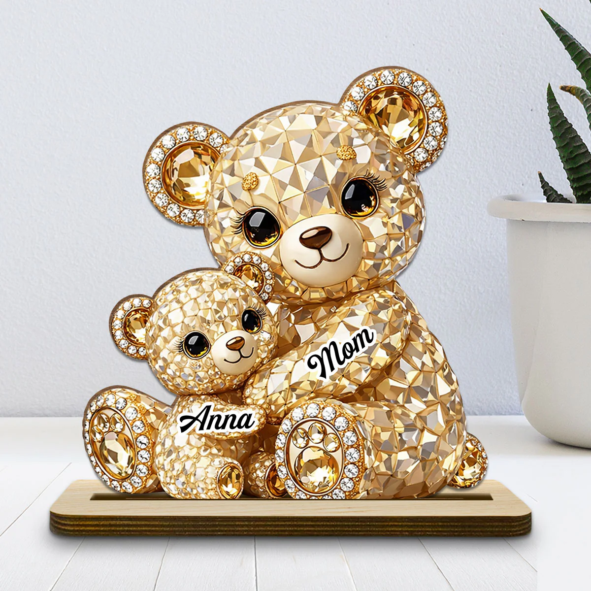 Mommy And Me Crystal Bear - Personalized Custom 2-Layer Wood Plaque With Flat Base - Image 2