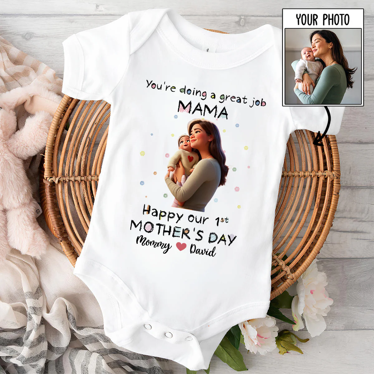 Mommy Doing A Great Job Custom Photo Cartoon - Personalized Custom Baby Onesie - Image 2